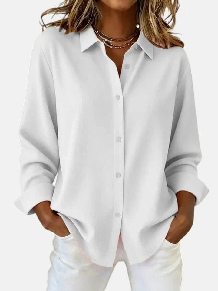 Women's Relaxed-Fit Button-Down Long-Sleeve Collared Blouse - White