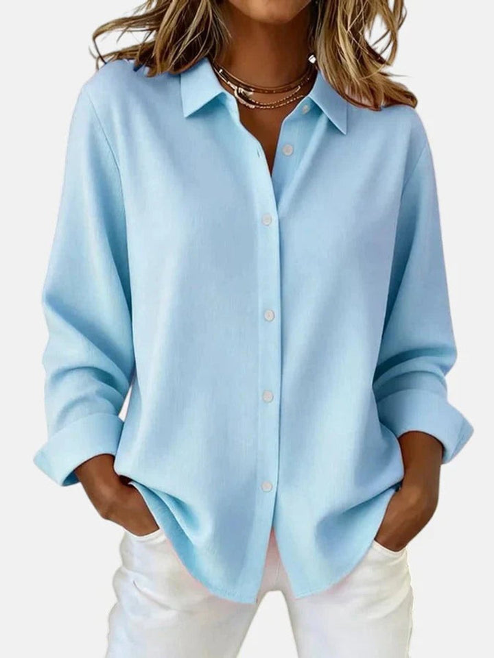 Women's Relaxed-Fit Button-Down Long-Sleeve Collared Blouse - Blue
