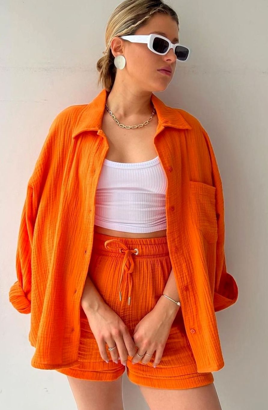 Women's Relaxed-Fit Button-Down Shirt Shorts Two-Piece Set - Orange