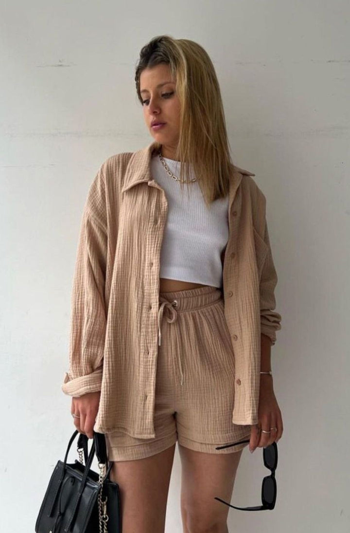Women's Relaxed-Fit Button-Down Shirt Shorts Two-Piece Set - Khaki