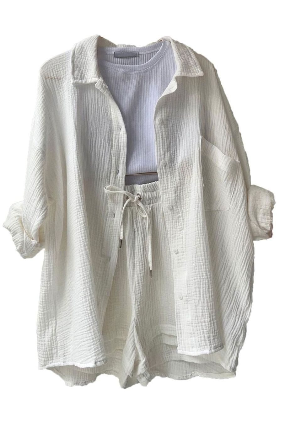 Women's Relaxed-Fit Button-Down Shirt Shorts Two-Piece Set - White