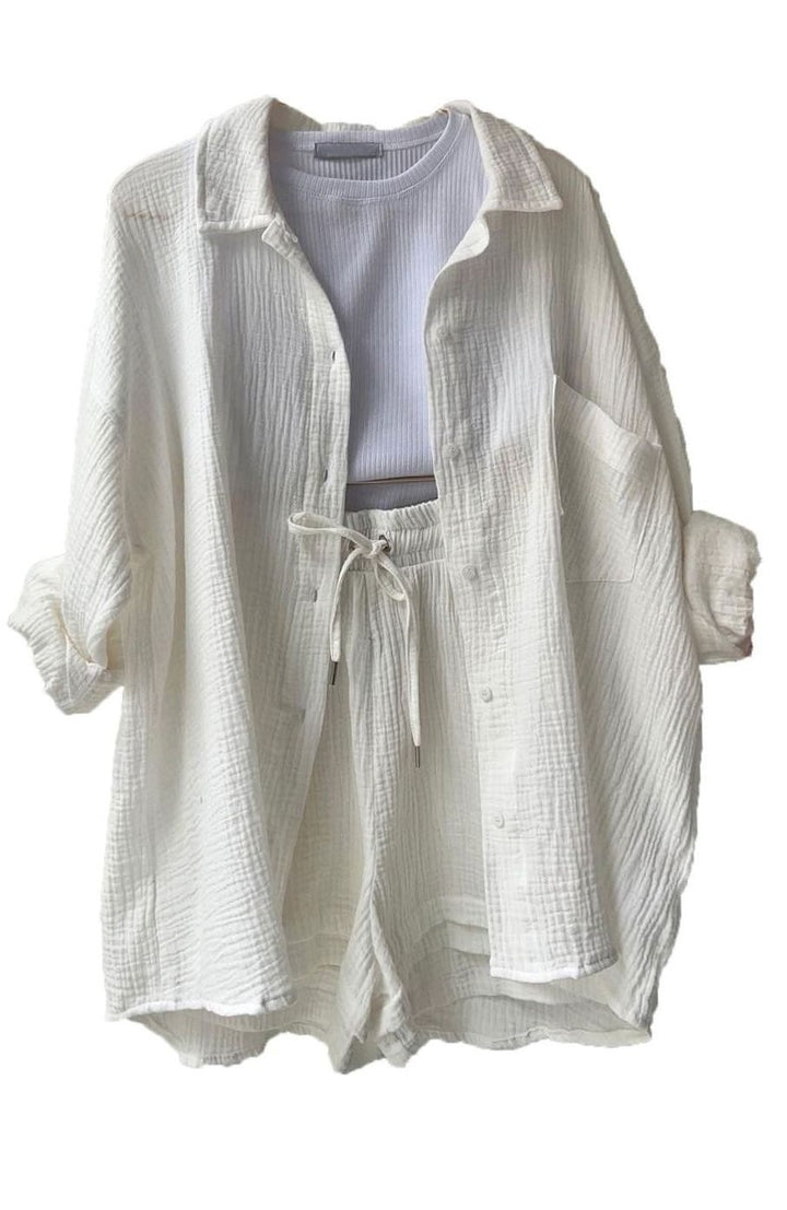 Women's Relaxed-Fit Button-Down Shirt Shorts Two-Piece Set - White
