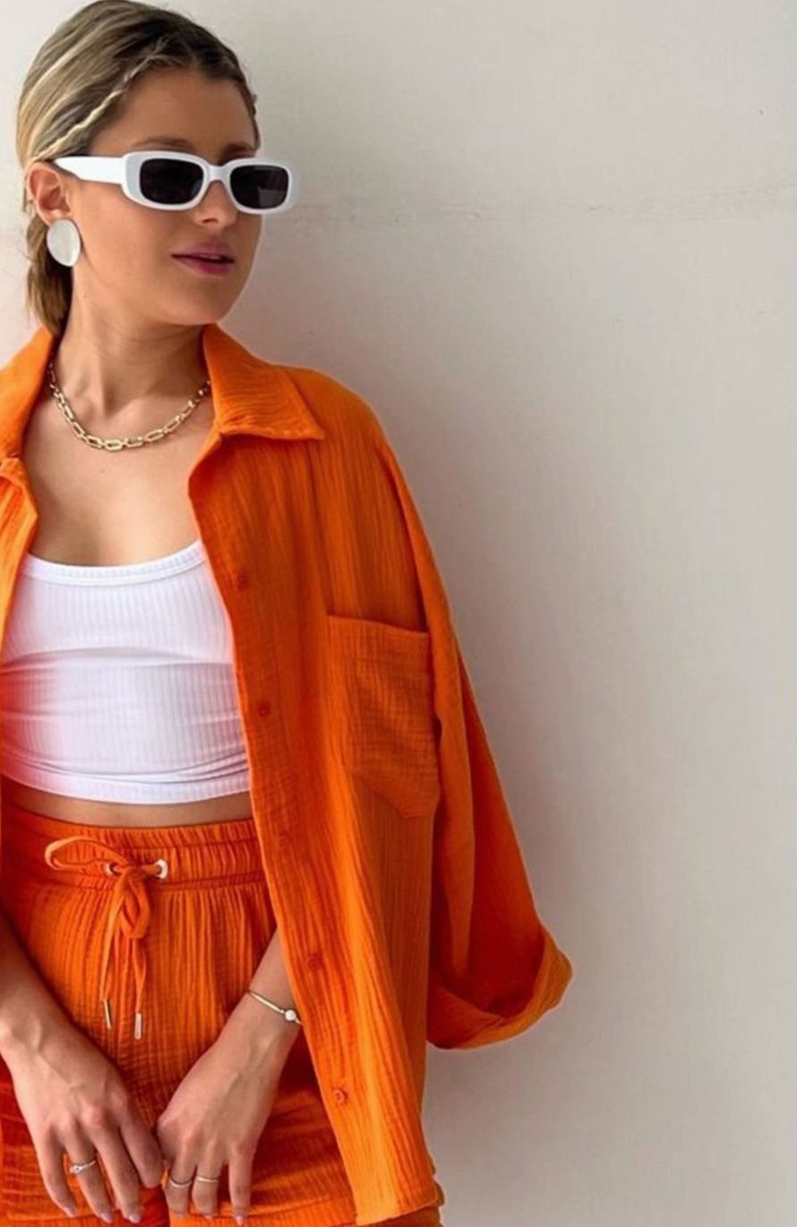Women's Relaxed-Fit Button-Down Shirt Shorts Two-Piece Set - Orange