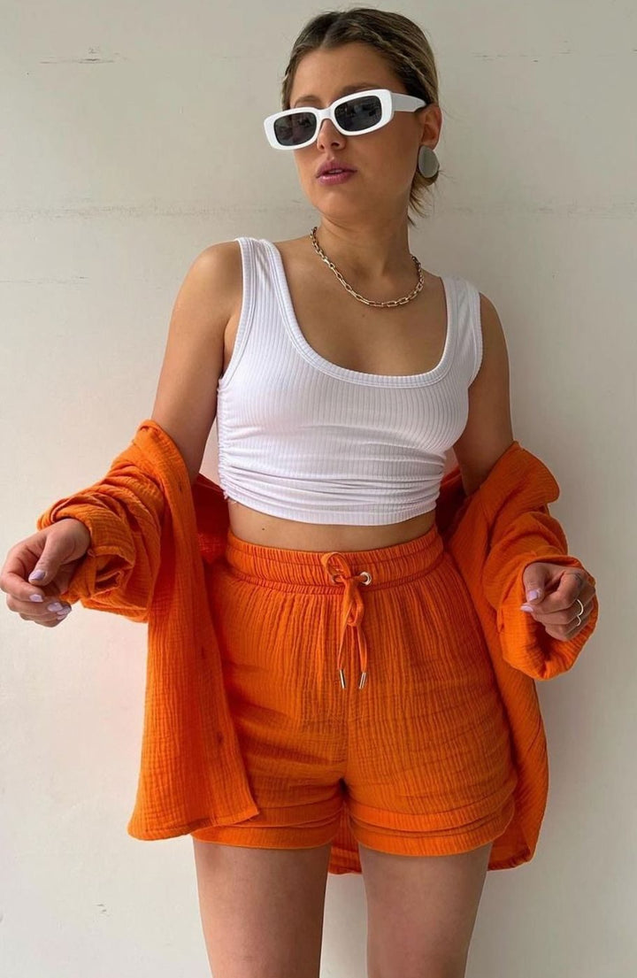 Women's Relaxed-Fit Button-Down Shirt Shorts Two-Piece Set - Orange
