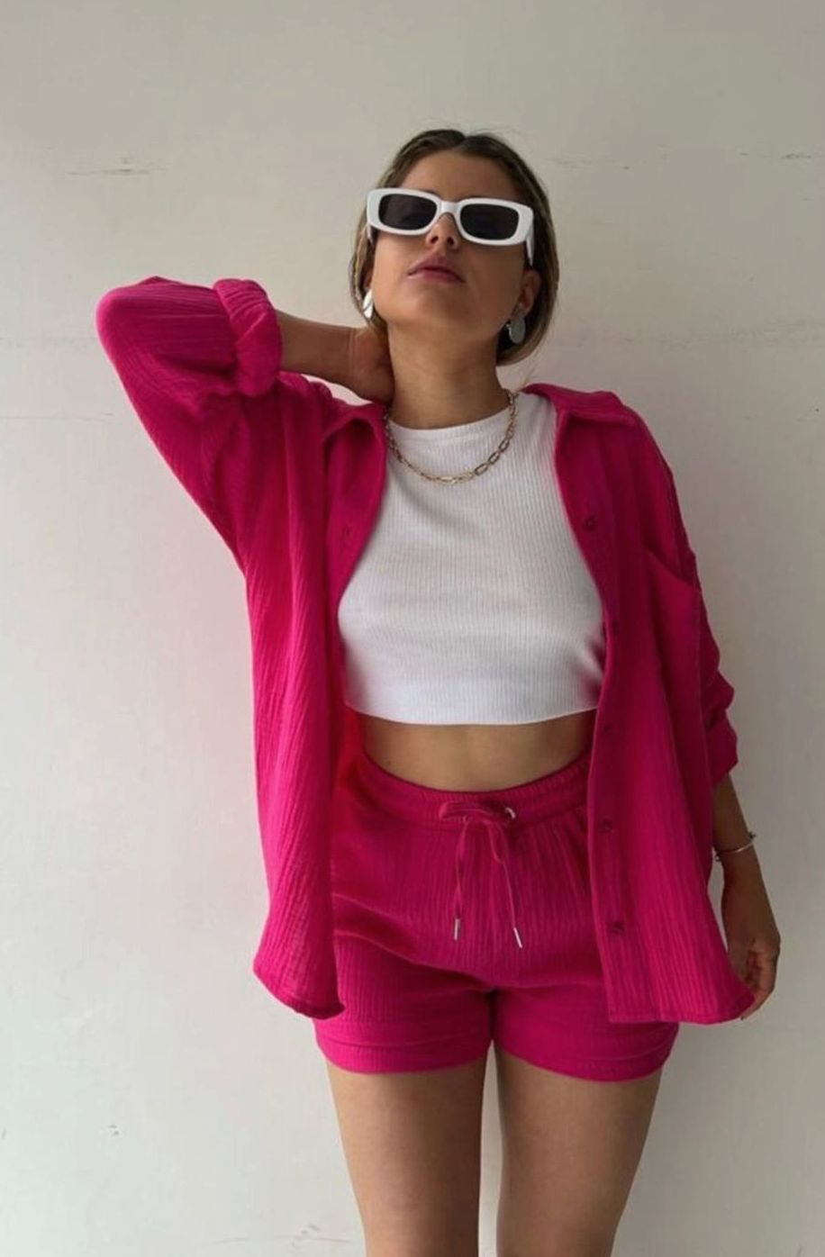 Women's Relaxed-Fit Button-Down Shirt Shorts Two-Piece Set - Dark Pink
