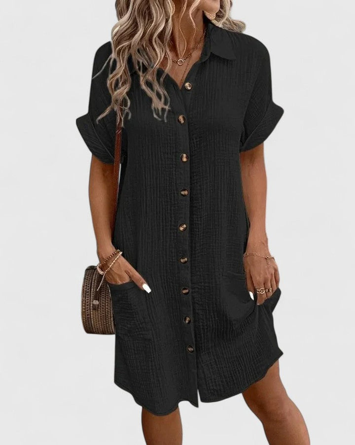 Women's Relaxed-Fit Button-Down Short Sleeve Shirt Dress - Black