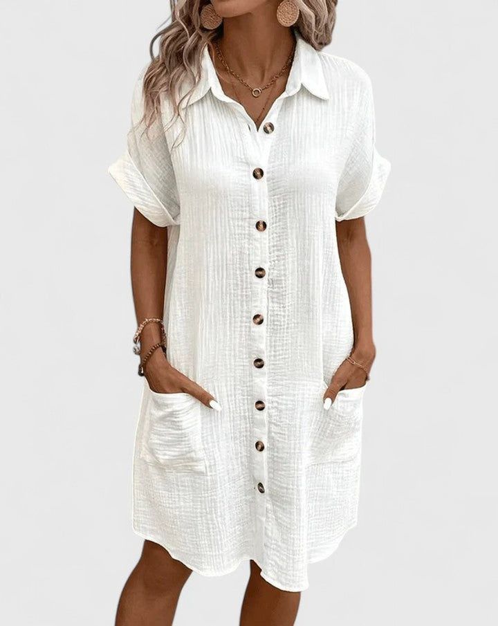 Women's Relaxed-Fit Button-Down Short Sleeve Shirt Dress - White