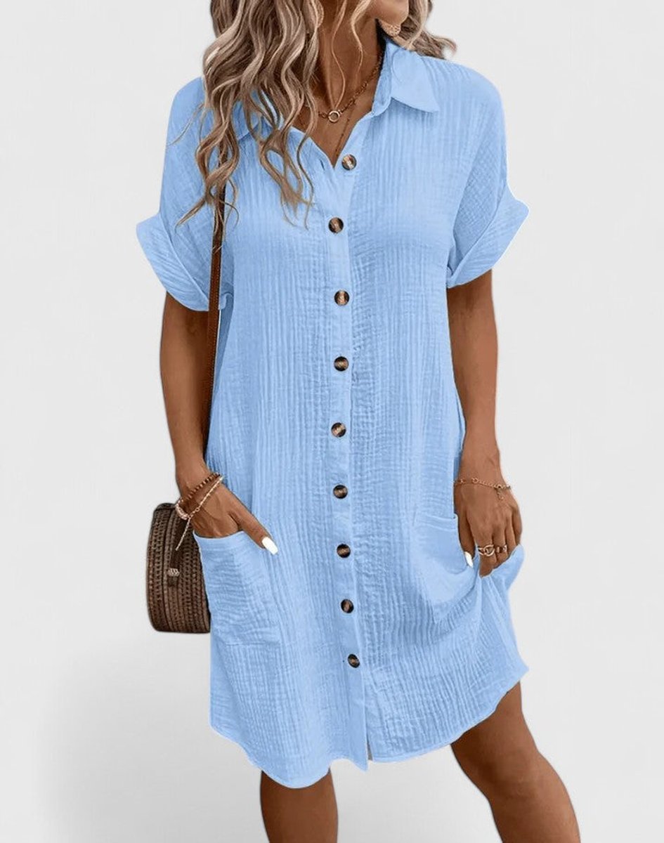 Women's Relaxed-Fit Button-Down Short Sleeve Shirt Dress - Blue