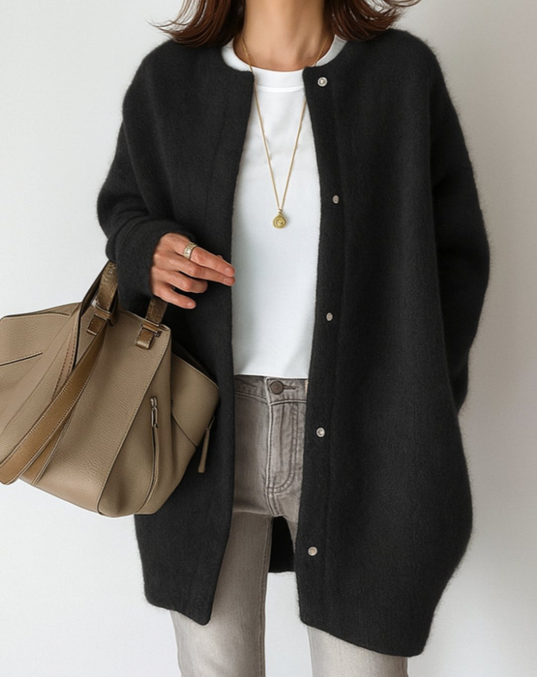 Women's Relaxed-Fit Button-Front Crew Neck Cardigan Sweater - Black