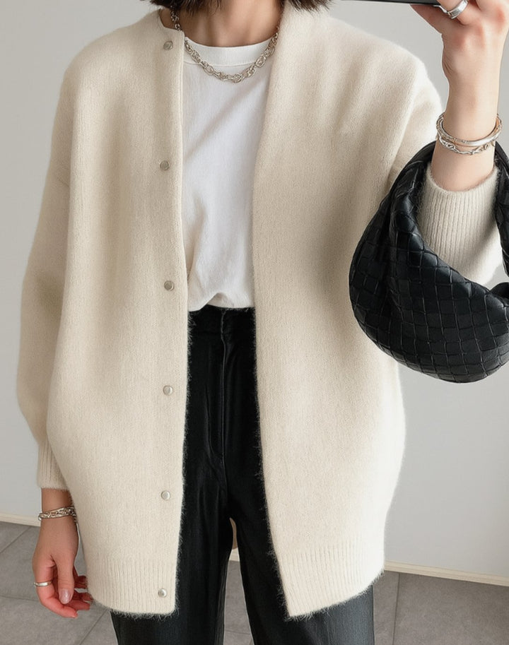 Women's Relaxed-Fit Button-Front Crew Neck Cardigan Sweater - Cream White