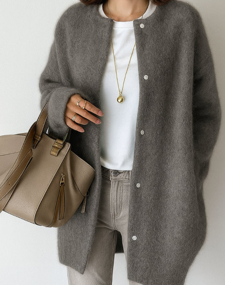 Women's Relaxed-Fit Button-Front Crew Neck Cardigan Sweater - Grey