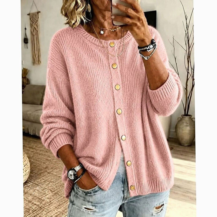 Women's Relaxed-Fit Button-Front Crew Neck Knit Cardigan - Pink