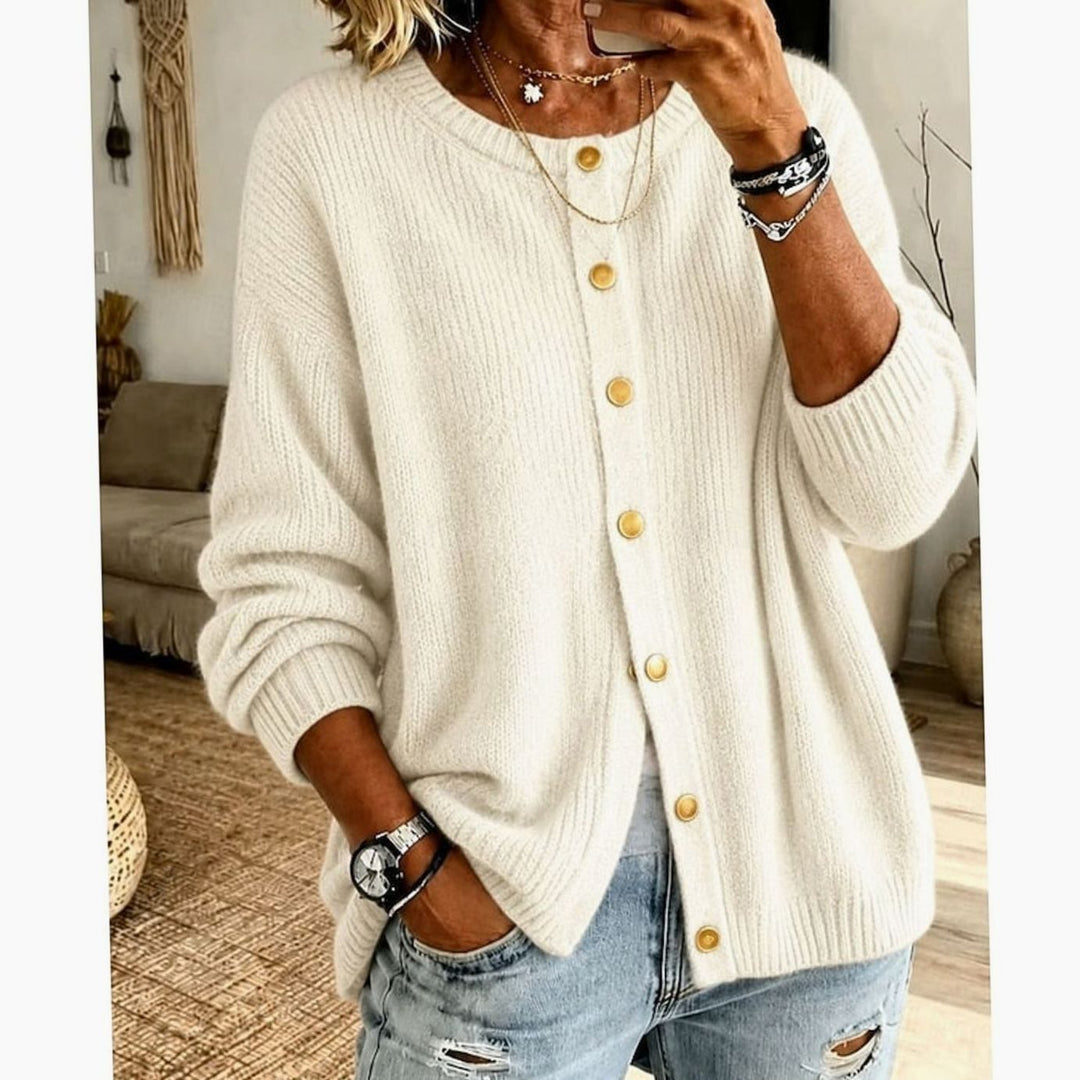 Women's Relaxed-Fit Button-Front Crew Neck Knit Cardigan - Beige