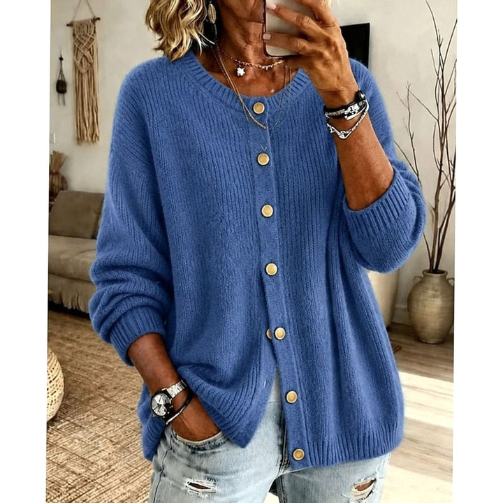 Women's Relaxed-Fit Button-Front Crew Neck Knit Cardigan - Blue
