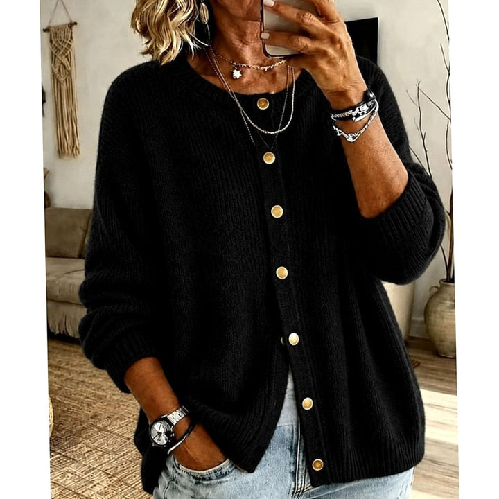 Women's Relaxed-Fit Button-Front Crew Neck Knit Cardigan - Black