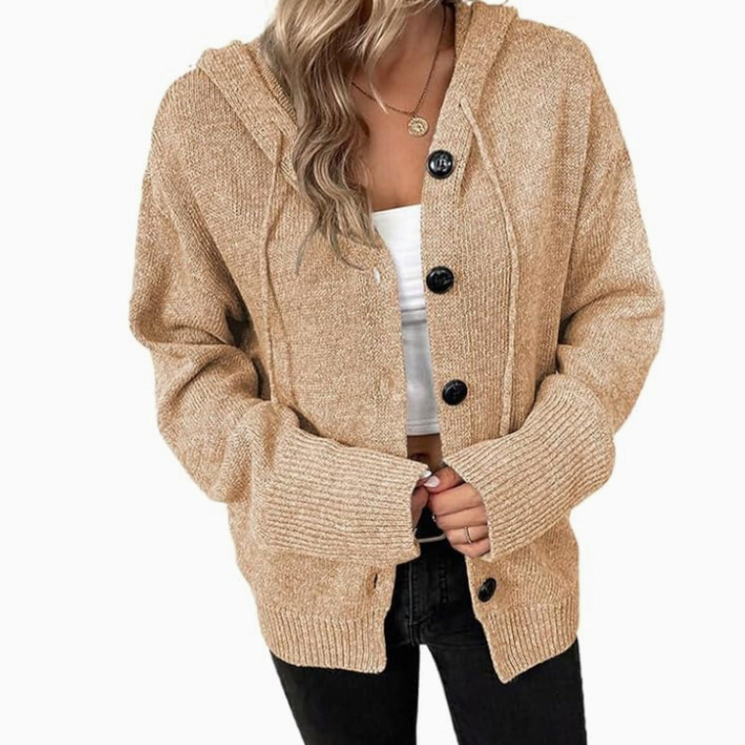 Women's Relaxed-Fit Button-Front Hooded Cardigan Sweater - Khaki