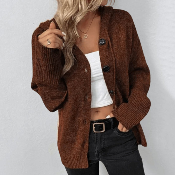 Women's Relaxed-Fit Button-Front Hooded Cardigan Sweater - Brown