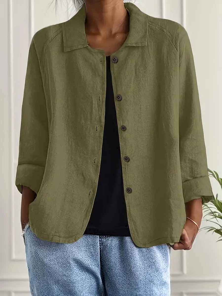 Women's Relaxed-Fit Button-Front Lightweight Linen Shirt - Olive Green
