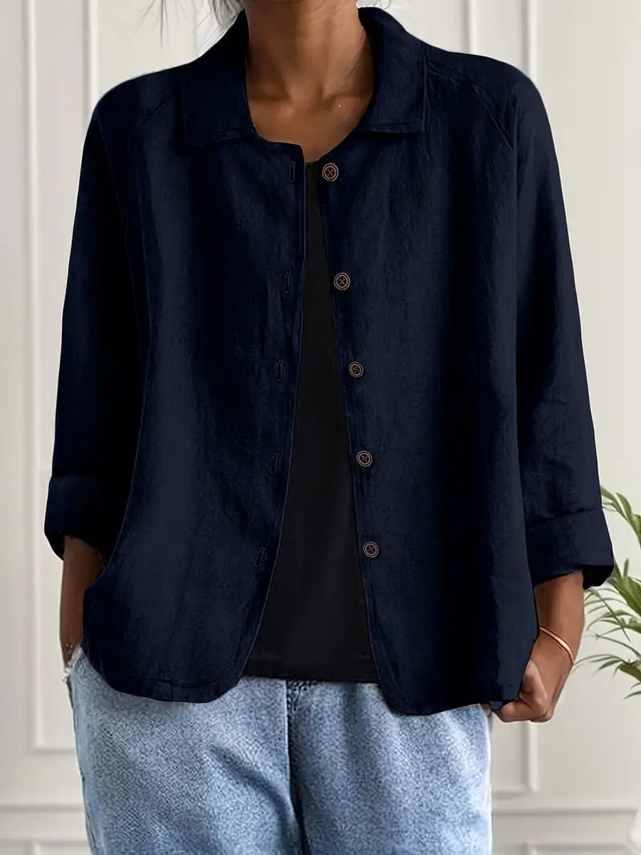 Women's Relaxed-Fit Button-Front Lightweight Linen Shirt - Dark Blue