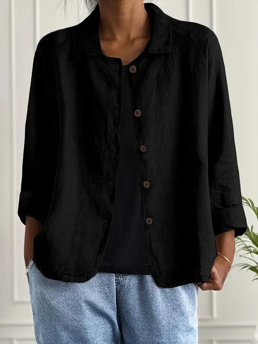 Women's Relaxed-Fit Button-Front Lightweight Linen Shirt - Black