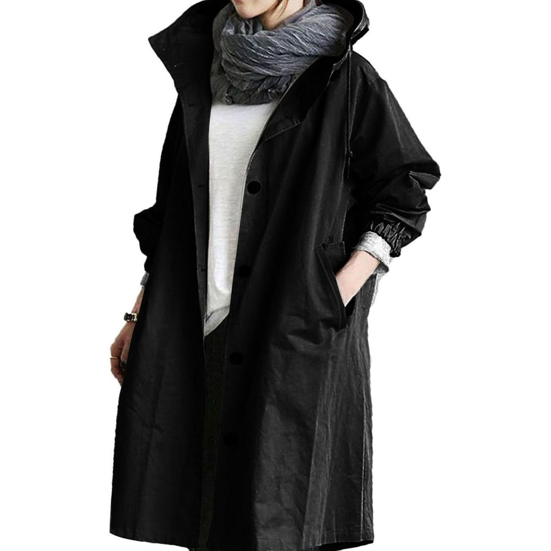 Women's Relaxed-Fit Button-Front Long Hooded Coat - Black