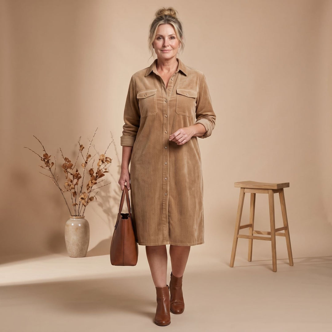 Women's Relaxed-Fit Button-Front Long Sleeve Corduroy Midi Dress - Beige