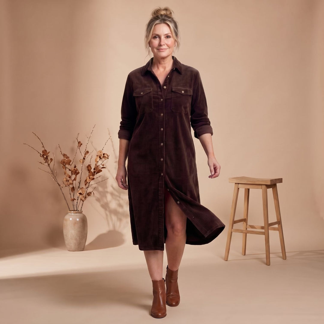 Women's Relaxed-Fit Button-Front Long Sleeve Corduroy Midi Dress
