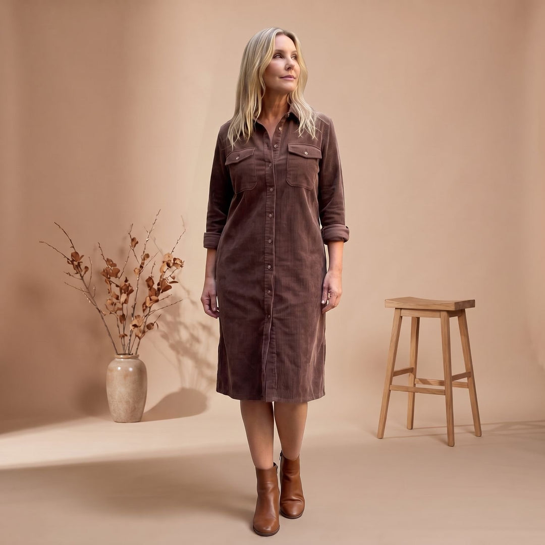 Women's Relaxed-Fit Button-Front Long Sleeve Corduroy Midi Dress