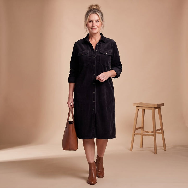 Women's Relaxed-Fit Button-Front Long Sleeve Corduroy Midi Dress