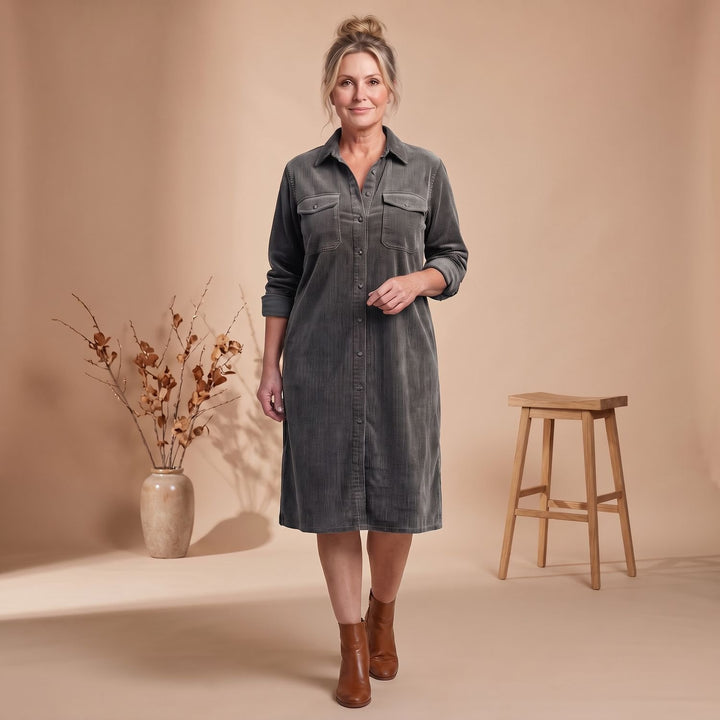 Women's Relaxed-Fit Button-Front Long Sleeve Corduroy Midi Dress
