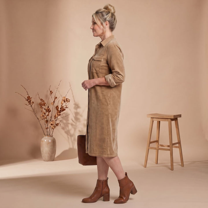 Women's Relaxed-Fit Button-Front Long Sleeve Corduroy Midi Dress