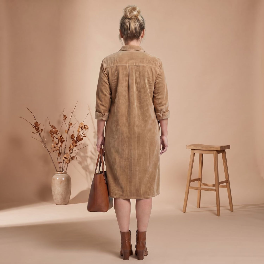 Women's Relaxed-Fit Button-Front Long Sleeve Corduroy Midi Dress