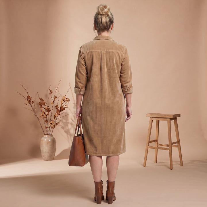 Women's Relaxed-Fit Button-Front Long Sleeve Corduroy Midi Dress