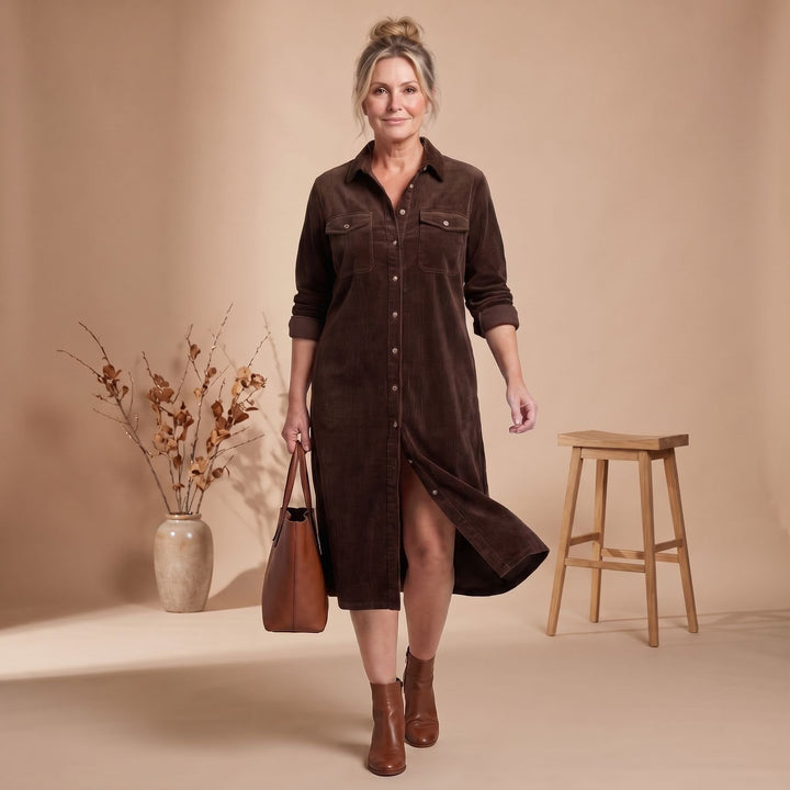 Women's Relaxed-Fit Button-Front Long Sleeve Corduroy Midi Dress - Burgundy