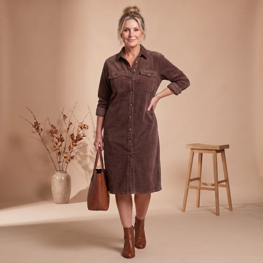 Women's Relaxed-Fit Button-Front Long Sleeve Corduroy Midi Dress