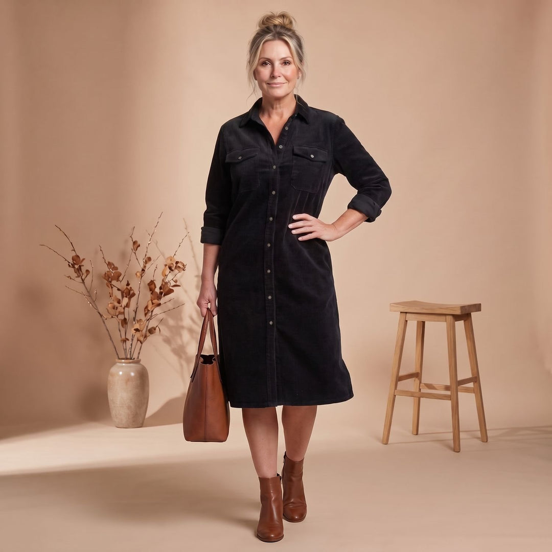 Women's Relaxed-Fit Button-Front Long Sleeve Corduroy Midi Dress - Black