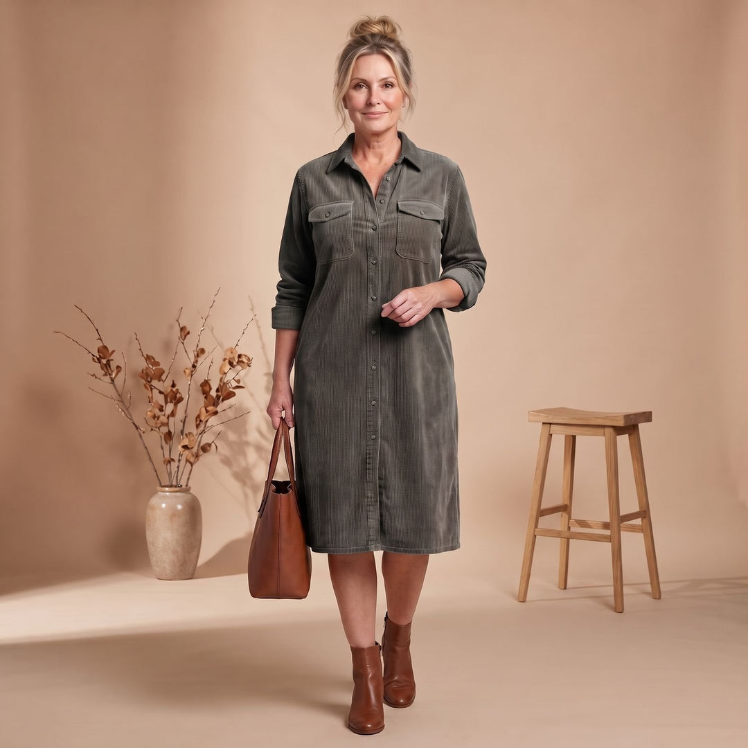 Women's Relaxed-Fit Button-Front Long Sleeve Corduroy Midi Dress - Gray