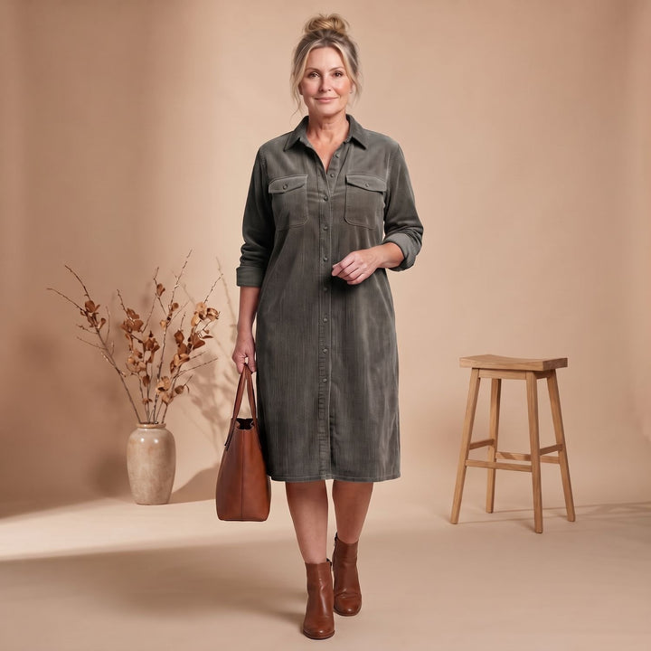Women's Relaxed-Fit Button-Front Long Sleeve Corduroy Midi Dress - Gray
