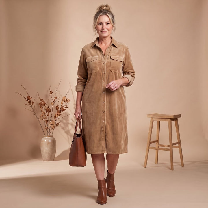 Women's Relaxed-Fit Button-Front Long Sleeve Corduroy Midi Dress
