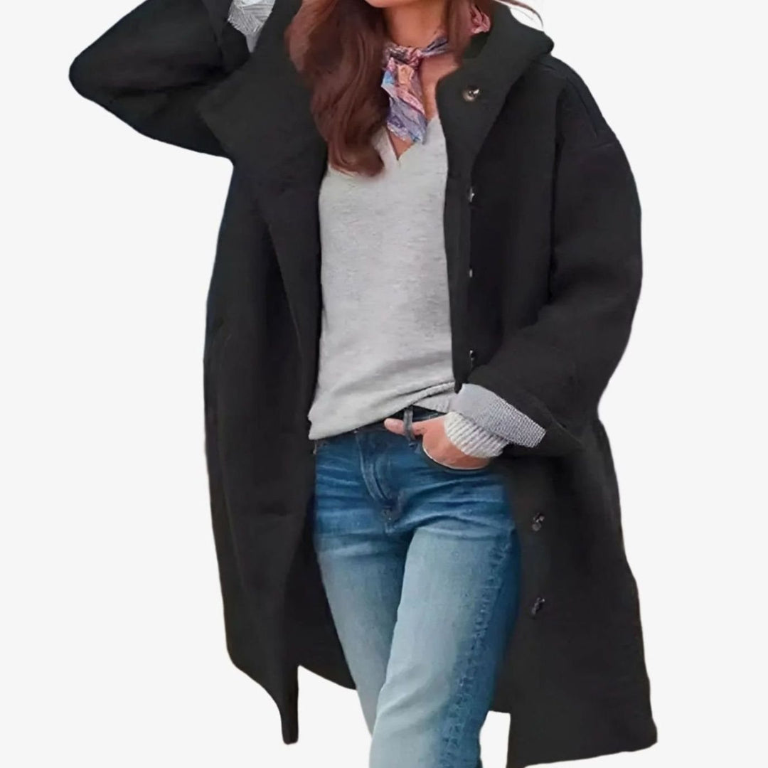 Women's Relaxed-Fit Button-Front Long Winter Coat - Black