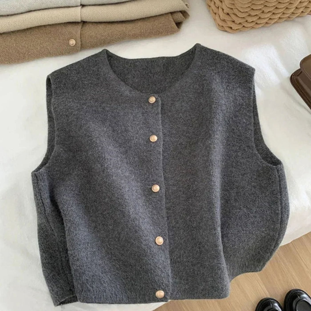 Women's Relaxed-Fit Button-Up Knit Sleeveless Casual Vest - Grey