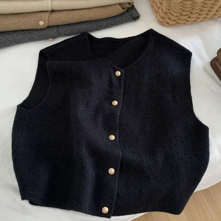 Women's Relaxed-Fit Button-Up Knit Sleeveless Casual Vest - Black