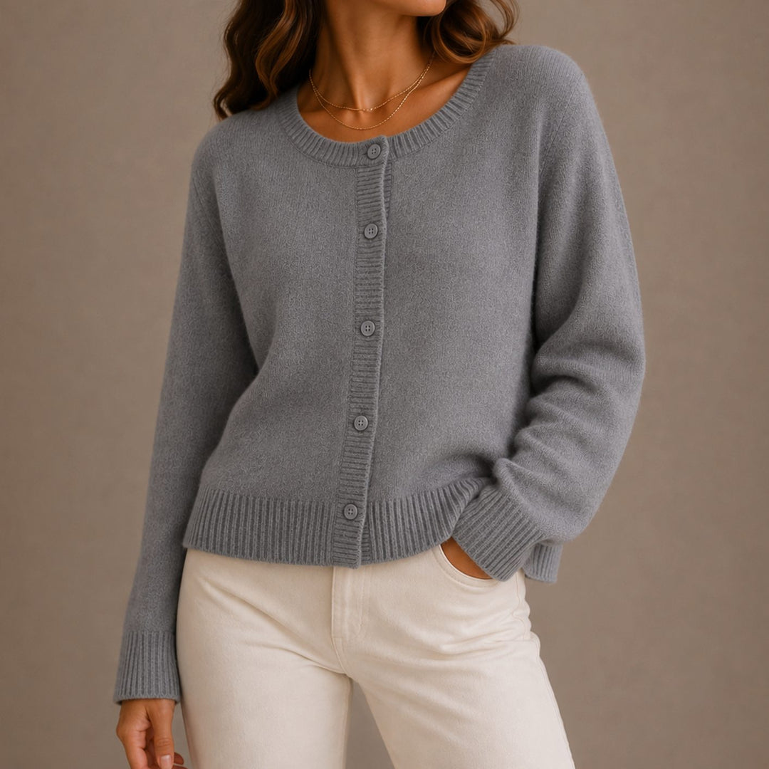 Women's Relaxed-Fit Button-Up Round Neck Knit Cardigan - Gray