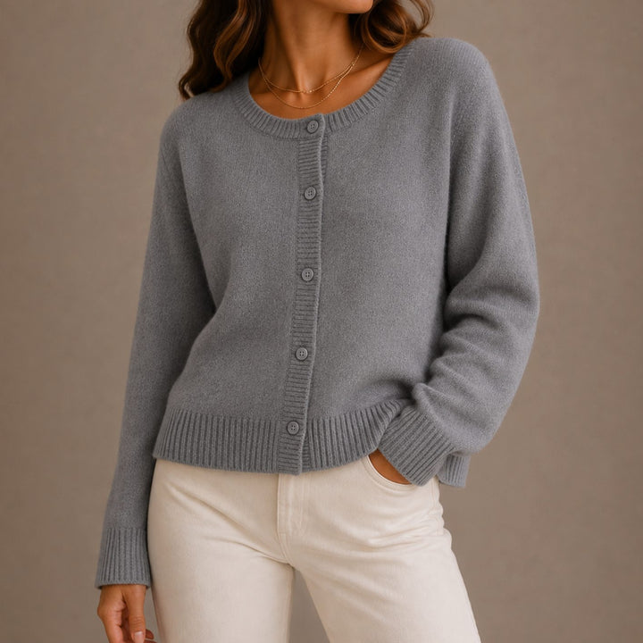 Women's Relaxed-Fit Button-Up Round Neck Knit Cardigan - Gray