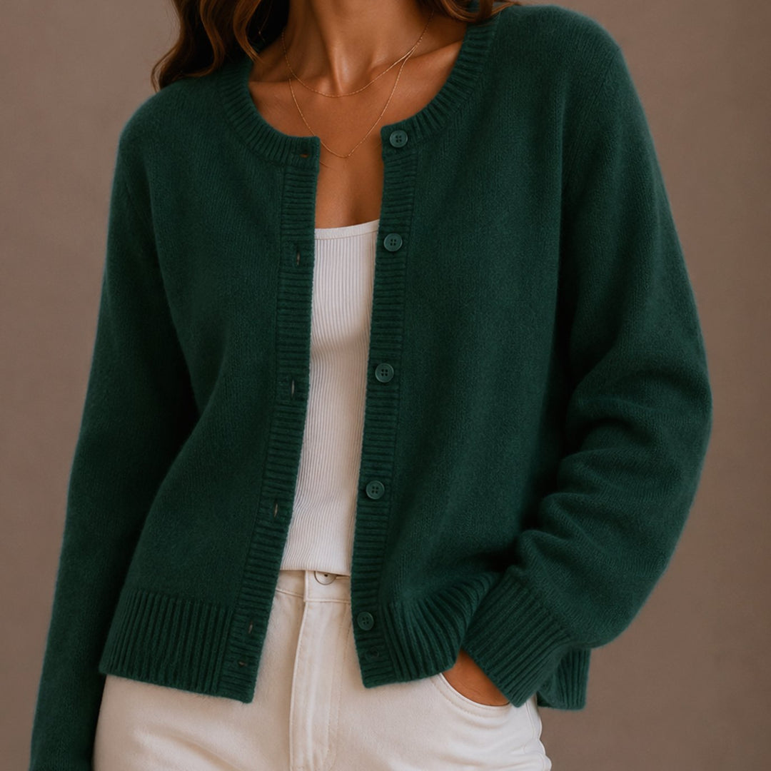 Women's Relaxed-Fit Button-Up Round Neck Knit Cardigan - Green