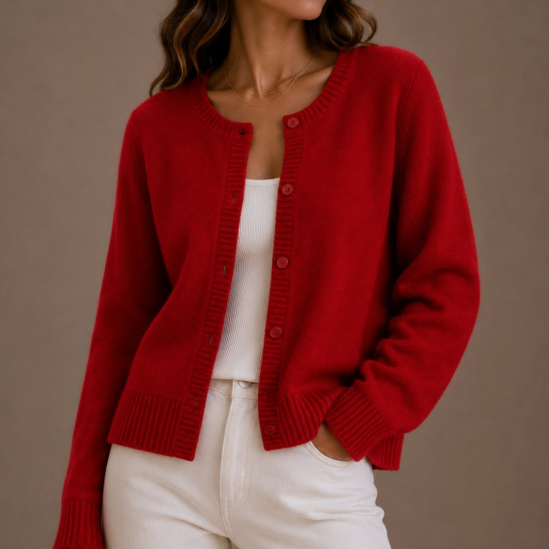 Women's Relaxed-Fit Button-Up Round Neck Knit Cardigan - Red