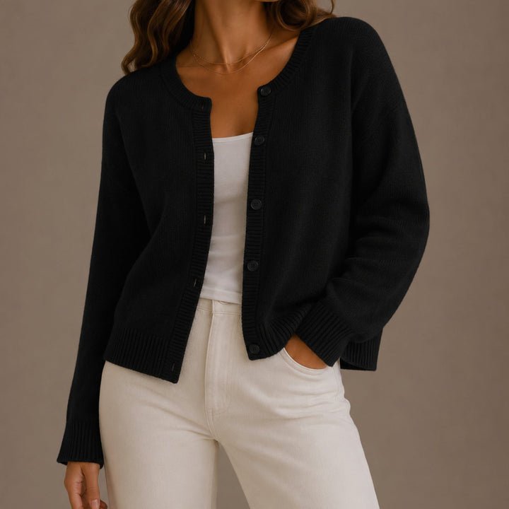 Women's Relaxed-Fit Button-Up Round Neck Knit Cardigan - Black
