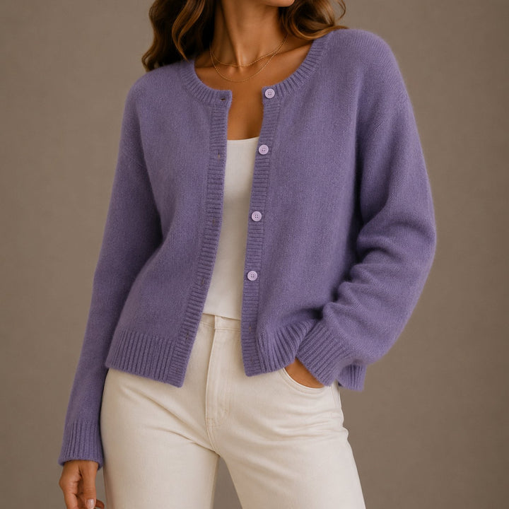 Women's Relaxed-Fit Button-Up Round Neck Knit Cardigan - Purple