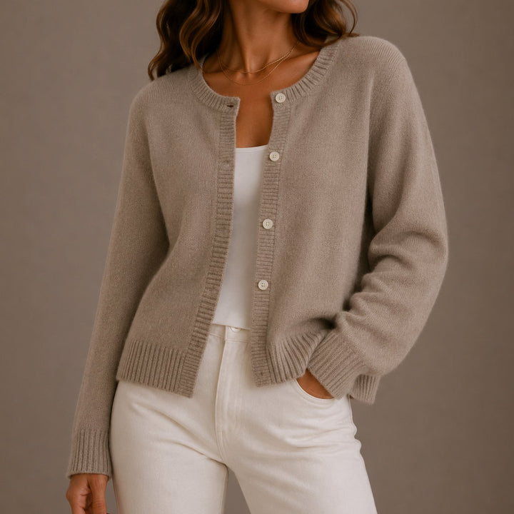 Women's Relaxed-Fit Button-Up Round Neck Knit Cardigan - Beige