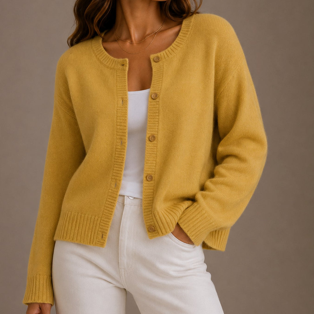 Women's Relaxed-Fit Button-Up Round Neck Knit Cardigan - Yellow